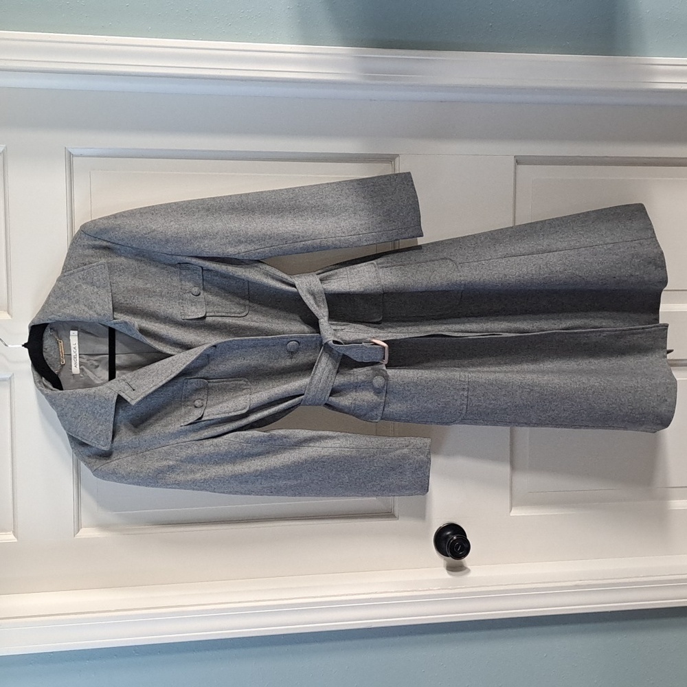 Angelica L Wool Blend Belted Long Coat Size 6 Classic Minimalist Gray Timeless
